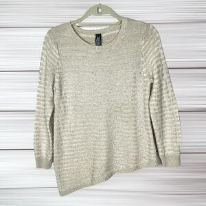 MARLAWYNNE Cotton Linen Blend Crew Neck Beige Sweater Top Asymmetrical Hem